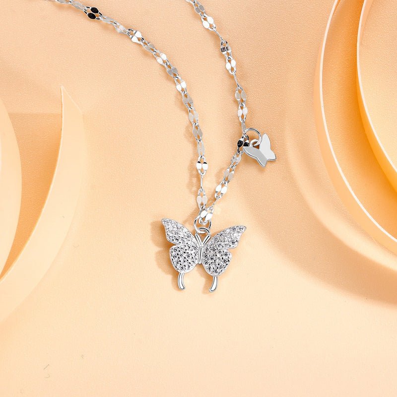 Elegant Sterling Silver Butterfly Necklace for Women, Dainty Tassel Clavicle Chain