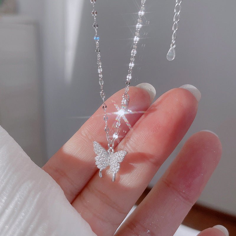 Elegant Sterling Silver Butterfly Necklace for Women, Dainty Tassel Clavicle Chain