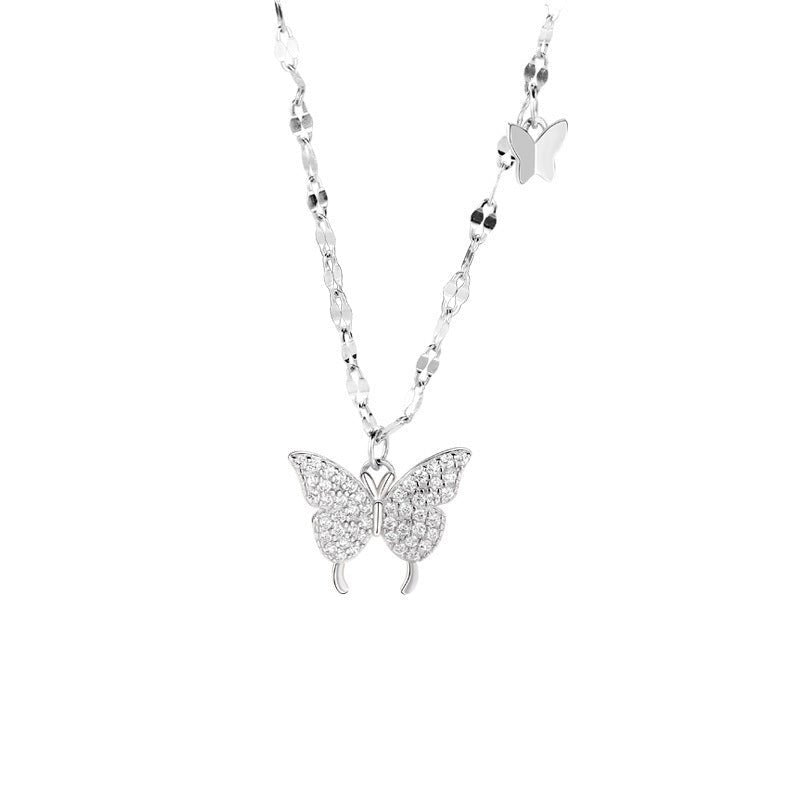Elegant Sterling Silver Butterfly Necklace for Women, Dainty Tassel Clavicle Chain