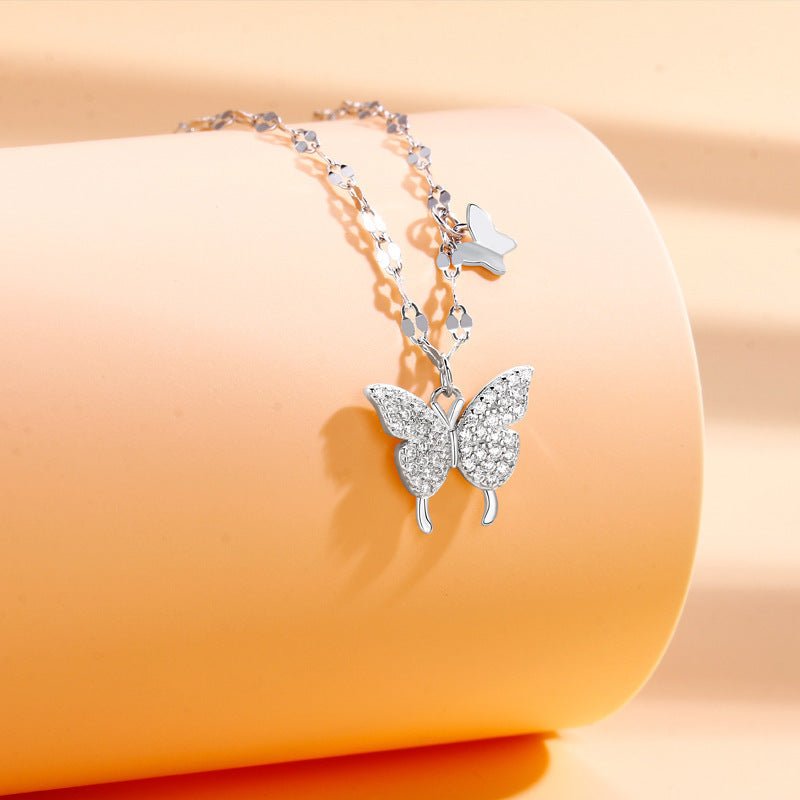 Elegant Sterling Silver Butterfly Necklace for Women, Dainty Tassel Clavicle Chain