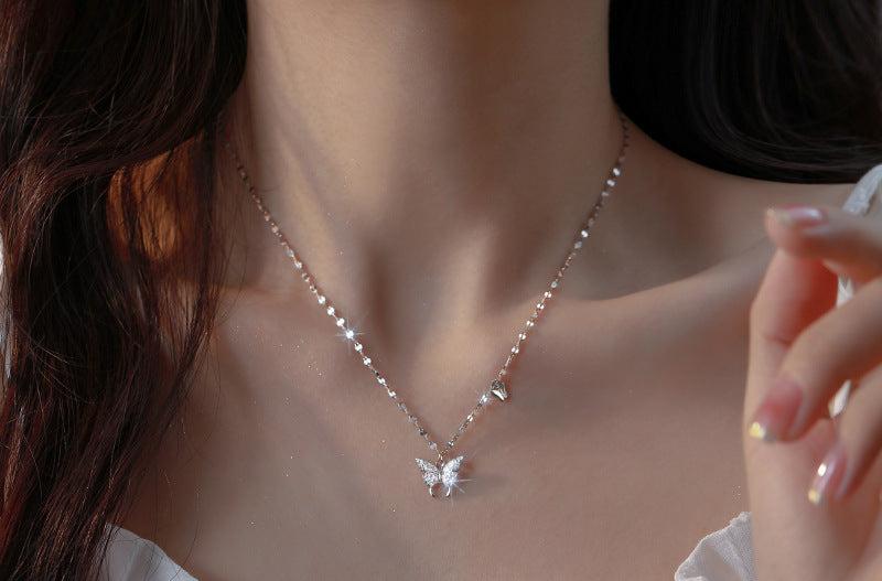 Elegant Sterling Silver Butterfly Necklace for Women, Dainty Tassel Clavicle Chain