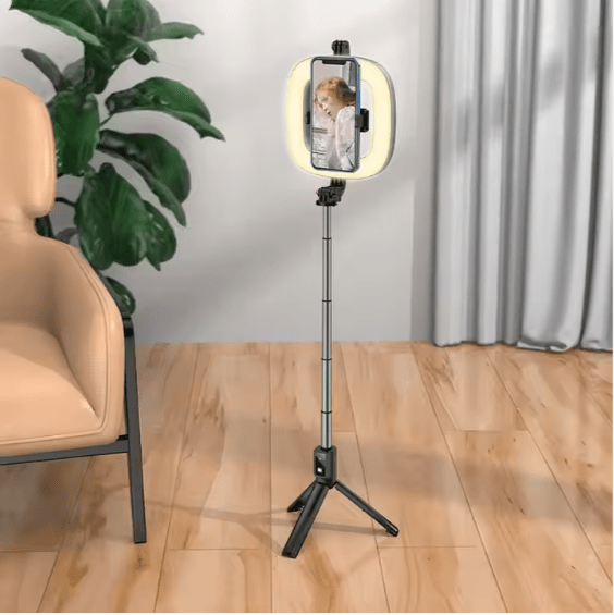Hoco LV03 Light Live Streaming Stand: Portable, Extendable Selfie Stick Tripod with Ring Light