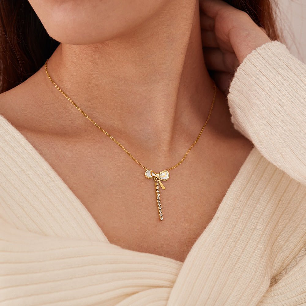 Elegant Titanium Steel Mother Shell Bow Tassel Necklace for Women