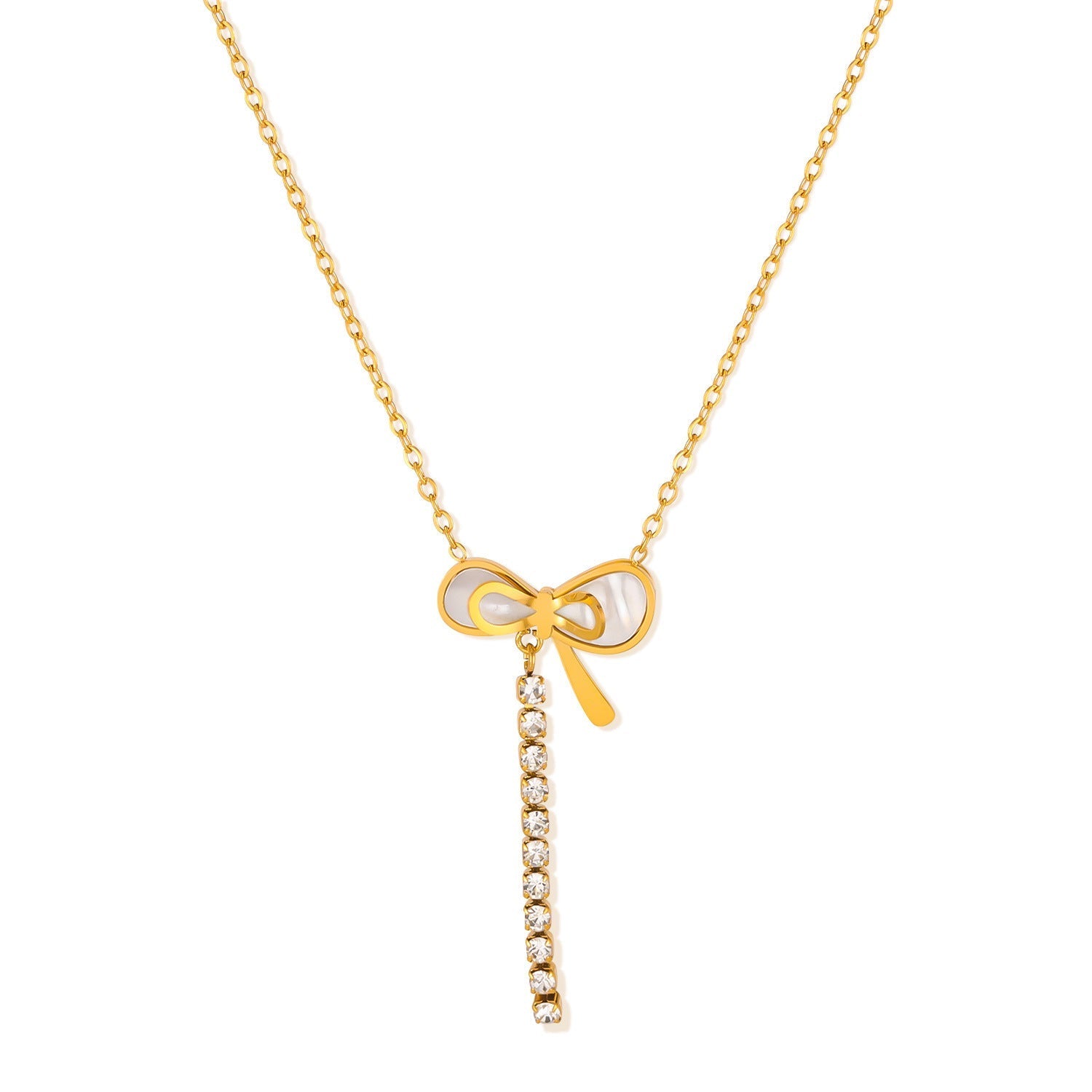 Elegant Titanium Steel Mother Shell Bow Tassel Necklace for Women