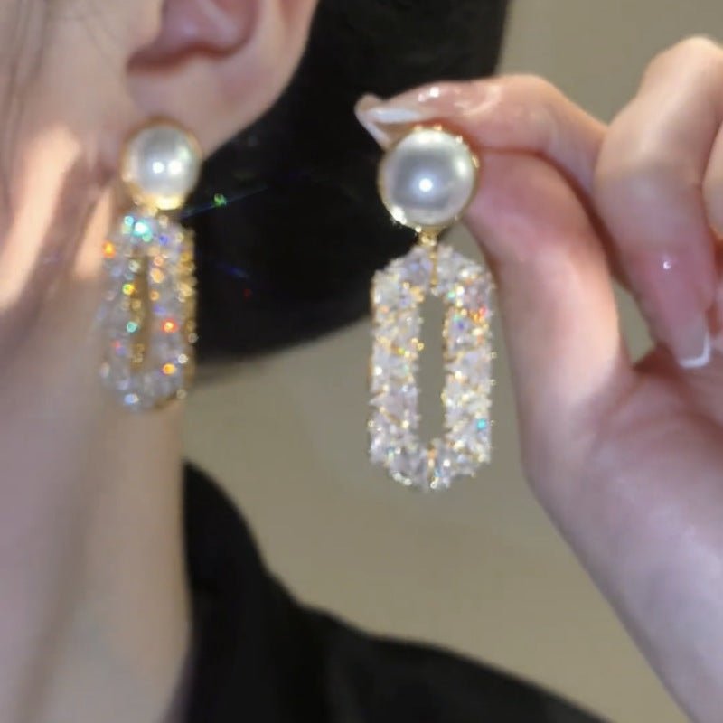 Elegant Oval Full Diamond Eardrops with Pearl: Special-Interest Design, Gold Finish