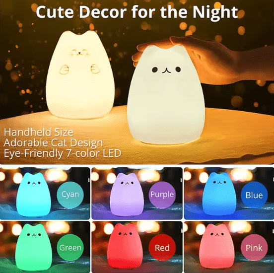 Adorable Squishy Cat LED Night Light: Soft Silicone, 8 Color Changing Lamp